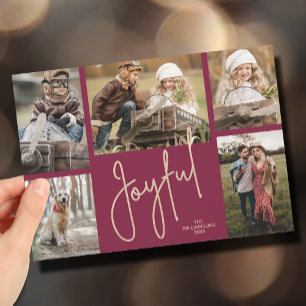 JOYFUL 5 Photo Cranberry Christmas Holiday Card