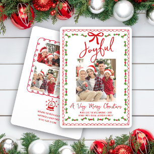 Joyful 5 Photo Red Hand Drawn Doodle Fun Christmas Holiday Card