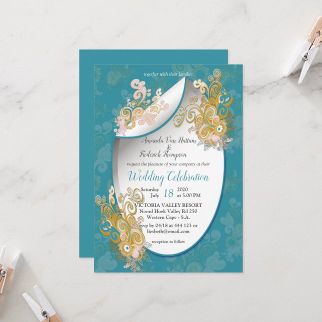 Joyful Abstract Candy-blue - Pink Flowers Invitation (Front/Back In Situ)