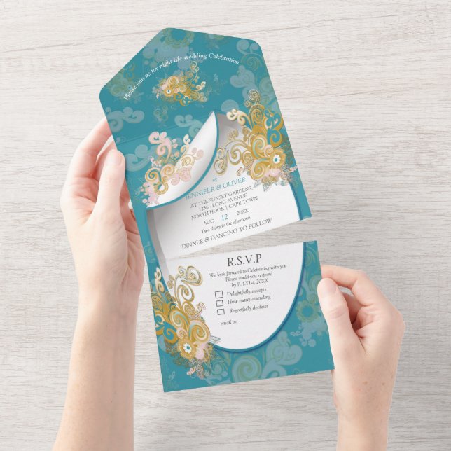 Joyful Abstract Pink, Sky-blue - Pink Flowers All In One Invitation (Tearaway)