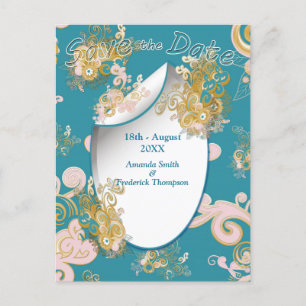 Joyful Abstract Pink, Sky-blue - Pink Flowers Announcement Postcard