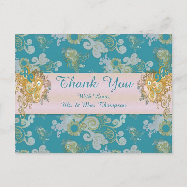 Joyful Abstract Pink, Sky-blue - Pink Flowers Announcement Postcard (Front)