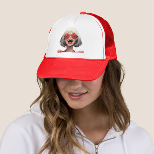 Joyful Anime Girl: Grey Hair, Red Glasses, Red Rob Trucker Hat