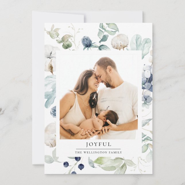 Joyful Arctic Winter Botanical Photo Holiday Card (Front)