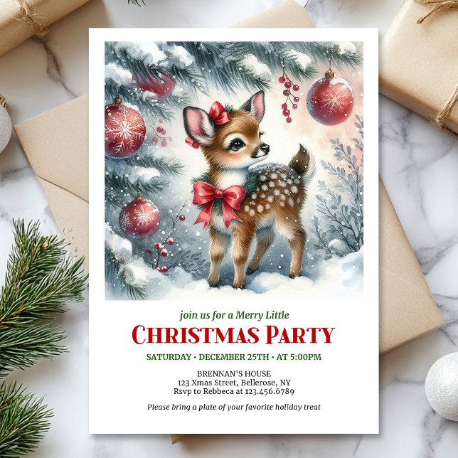 Joyful baby deer watercolor Christmas kids invite  (baby deer Christmas invite,
snowy forest Christmas card,
watercolor Christmas invitation,
red green )