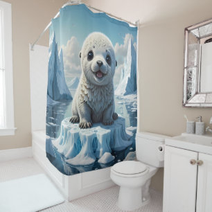 Joyful Baby Seal on an Iceberg bathroom Shower Curtain