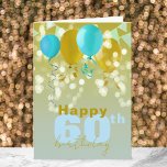 Joyful Balloons Lights Bunting Flags 60th Birthday Card<br><div class="desc">Make a loved one’s 60th birthday unforgettable with our enchanting greeting card, featuring ethereal balloons in a dreamy palette of yellow gold and blues. Each balloon bobs in a sea of twinkling lights, creating a backdrop that’s nothing short of magical. At the heart of the design is a customisable text...</div>