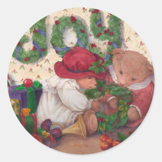 Joyful Bears Making Christmas Wreath Classic Round Sticker