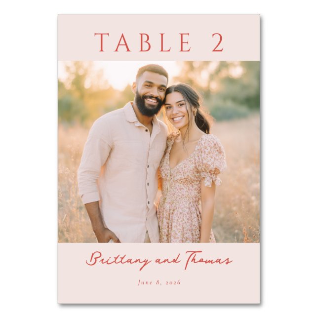 Joyful Beige Romantic Photo Table Number (Front)