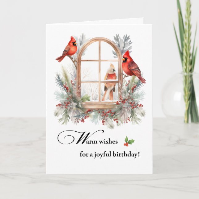 Joyful Birthday Cardinal Birds in Window Card (Front)