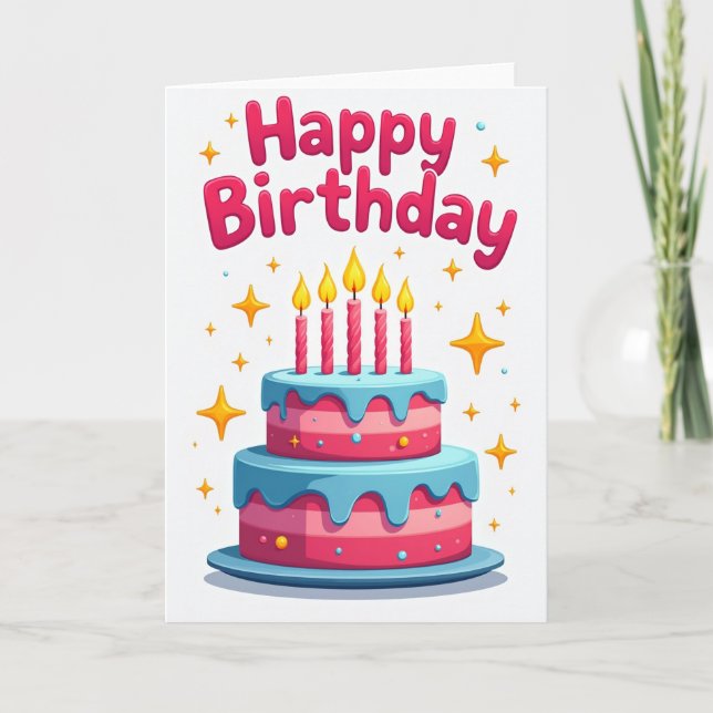 Joyful Birthday Pink Blue Cake Card (Front)
