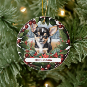 Joyful Black Chihuahua Puppy Custom Christmas  Ceramic Tree Decoration