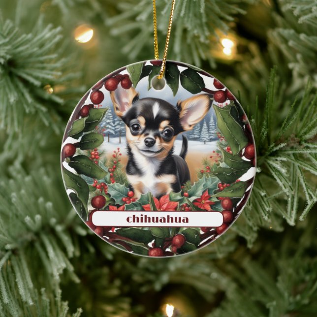 Joyful Black Chihuahua Puppy Custom Christmas  Ceramic Tree Decoration (Tree)