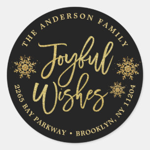 Joyful Black Faux Gold Holiday Return Address Classic Round Sticker