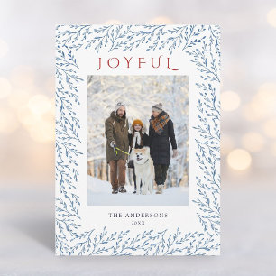 Joyful Blue Botanical Rustic Christmas Photo Holiday Card