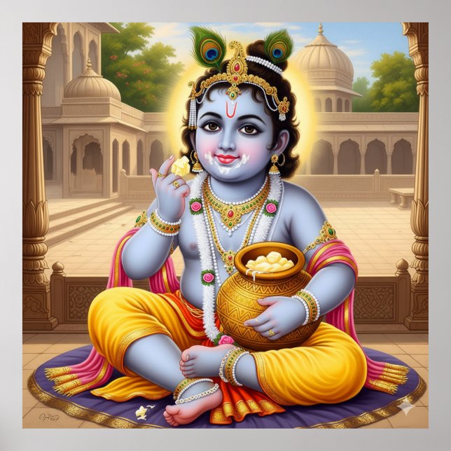 Joyful Blue Classic Bala Krishna Pot Art Design Poster (Front)
