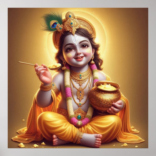Joyful Blue Classic Krishna Makhan Pot Design Poster (Front)