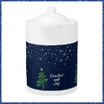 Joyful Blue Evening Winter Scene<br><div class="desc">Beautiful blue night scene with stars and green tree accompany the script text "Comfort and Joy" - set on blue/silver sparkling background. Personalise the text if you wish.</div>