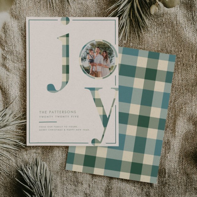 Joyful Blue Green Plaid Family Photo Christmas Holiday Card (Creator Uploaded)