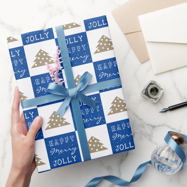 Joyful Blue Typography Christmas Tree Pattern Wrapping Paper (Gifting)