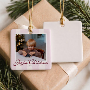 Joyful Blush Striped Christmas Photo Ornament