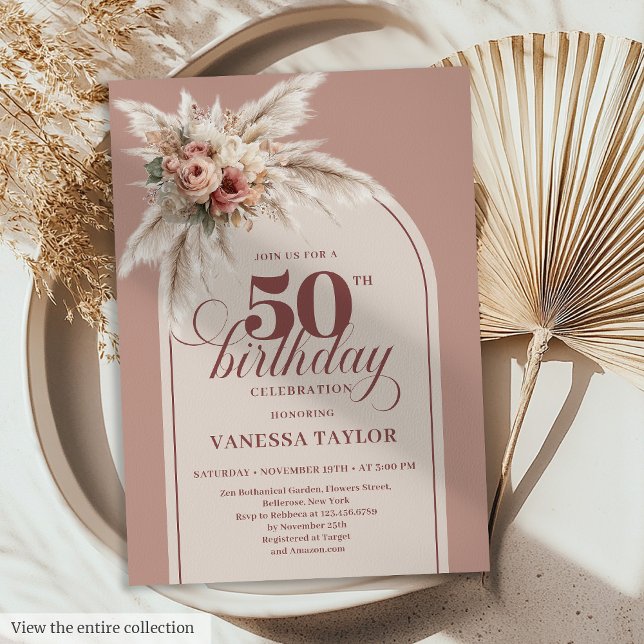 Joyful Boho Dusty Pink Pampas Floral 50th Birthday Invitation (Joyful Boho Dusty Pink Pampas Floral 50th Birthday)