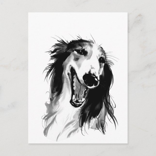 Joyful Borzoi: Whimsical Ink Painting Postcard (Front)
