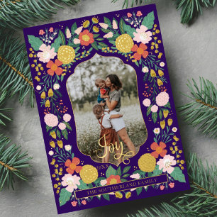Joyful Botanical Floral Garden Elegant Photo Frame Foil Holiday Card