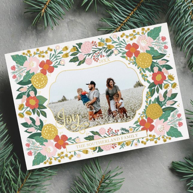 Joyful Botanical Floral Garden Elegant Photo Frame Foil Holiday Card (Creator Uploaded)