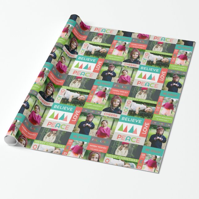 Joyful & Bright Holiday 5 Photo Collage Gift Wrap (Unrolled)