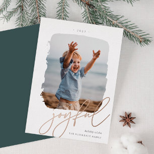 Joyful Brushed Signature   Photo Rose Gold Foil Holiday Card