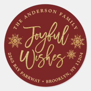 Joyful Burgundy Faux Gold Return Address Classic Round Sticker