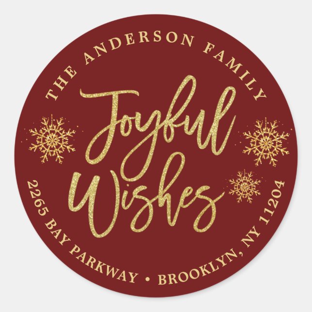 Joyful Burgundy Faux Gold Return Address Classic Round Sticker (Front)