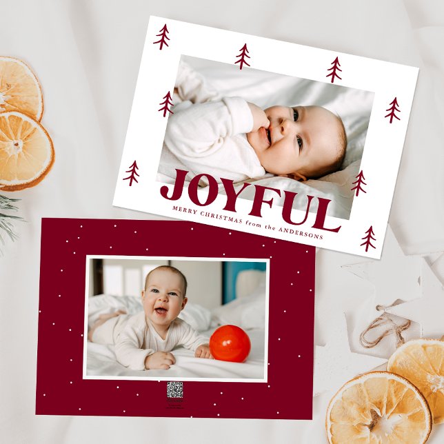 Joyful Burgundy Trees 2 Photo Holiday Card (Creator Uploaded)