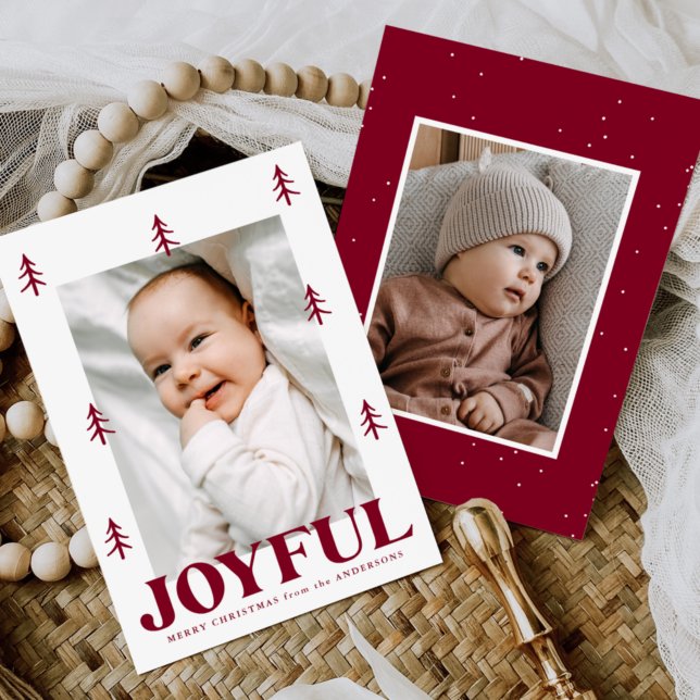 Joyful Burgundy Trees 2 Photo Holiday Card (Creator Uploaded)