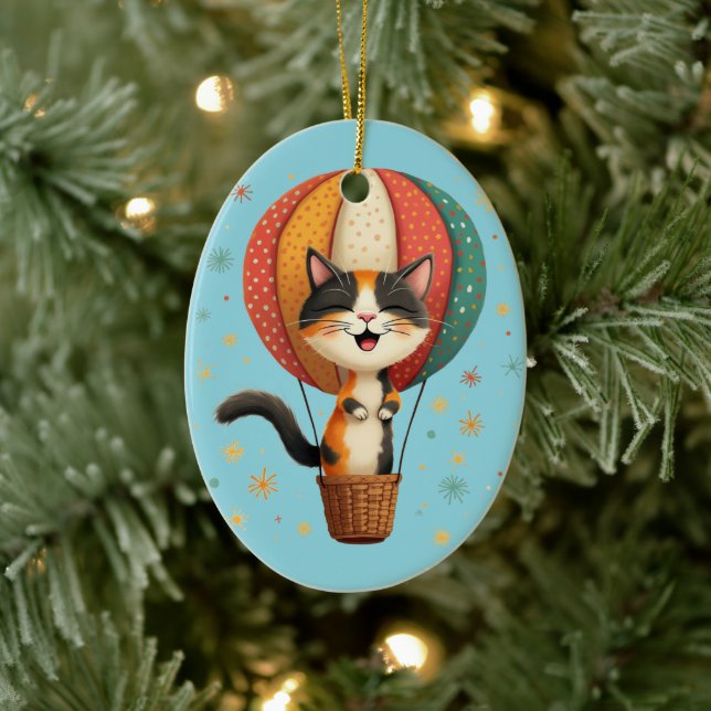 Joyful Calico Cat Sky Adventure Illustration Ceramic Tree Decoration (Tree)