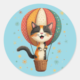 Joyful Calico Cat Sky Adventure Illustration Classic Round Sticker