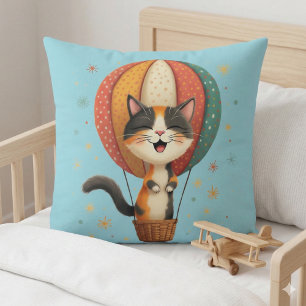 Joyful Calico Cat Sky Adventure Illustration Cushion