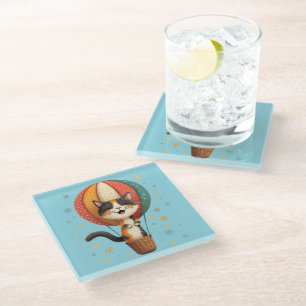 Joyful Calico Cat Sky Adventure Illustration Glass Coaster