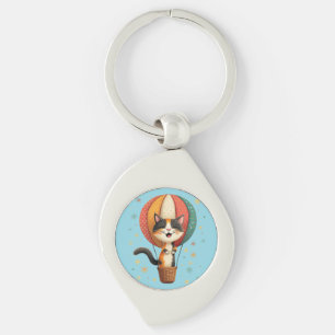 Joyful Calico Cat Sky Adventure Illustration Key Ring