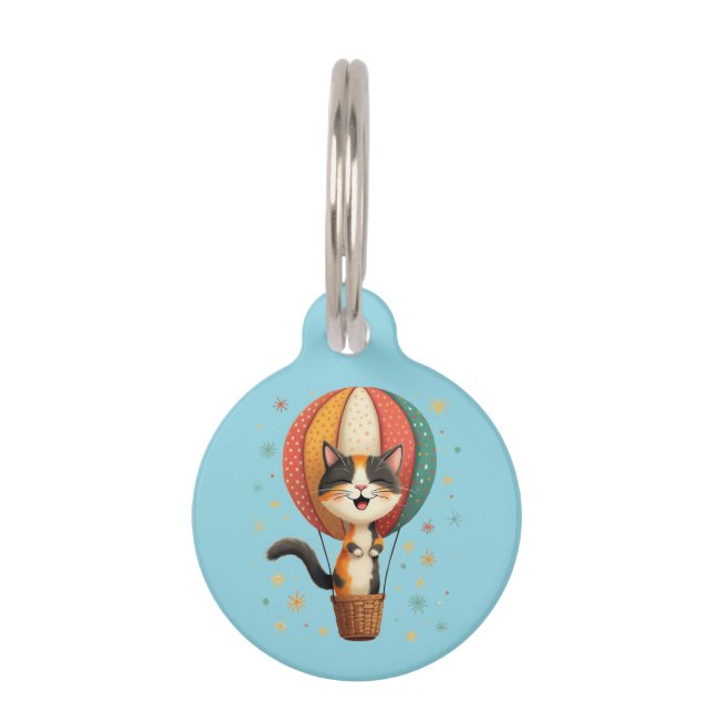 Joyful Calico Cat Sky Adventure Illustration Pet Tag (Front)