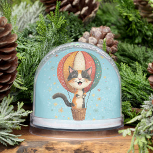 Joyful Calico Cat Sky Adventure Illustration Snowglobe