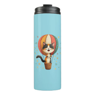 Joyful Calico Cat Sky Adventure Illustration Thermal Tumbler