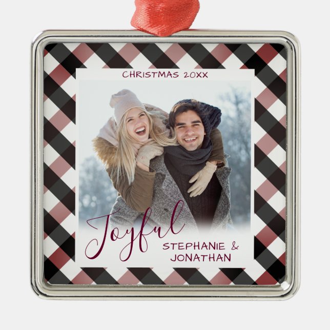 Joyful Calligraphy Buffalo Checked Photo Christmas Metal Tree Decoration (Front)