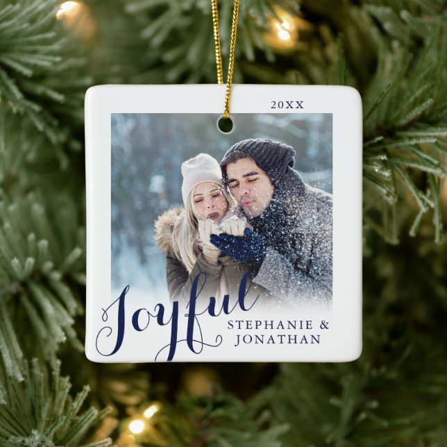 Joyful Calligraphy Elegant Photo Christmas Ceramic Ornament (Tree)