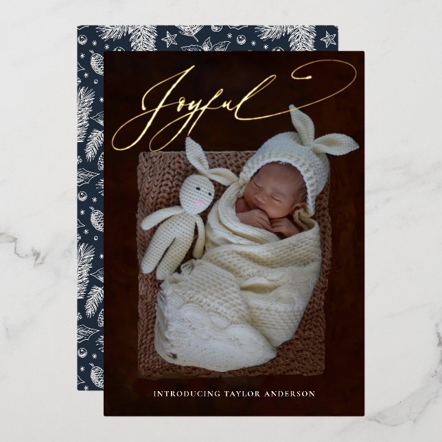 Joyful Calligraphy Holiday Foil Birth Announcement (Front/Back)