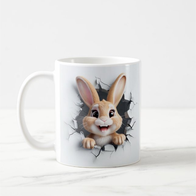 Joyful Cartoon Bunny Breaking Through Jagged Hole Coffee Mug (Left)