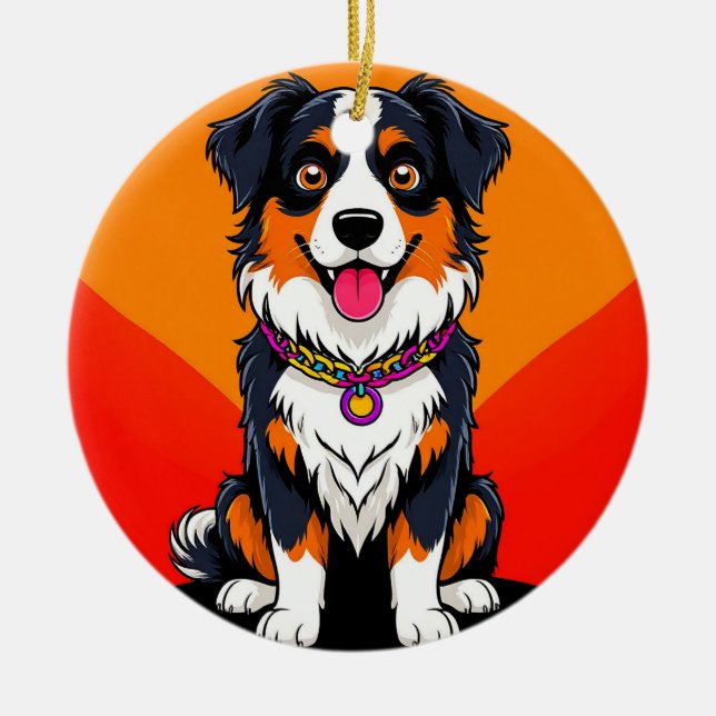 Joyful Cartoon Dog Illustration Ceramic Tree Decoration (Front)