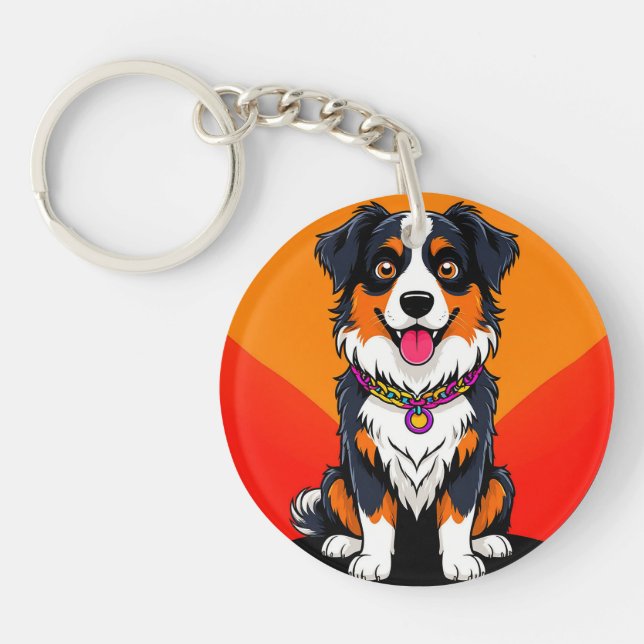 Joyful Cartoon Dog Illustration Key Ring (Front)