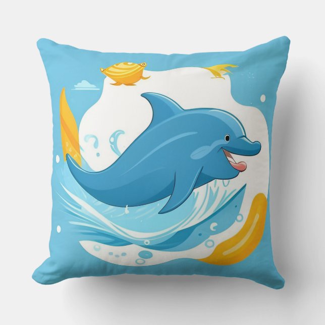 Joyful Cartoon Dolphin Swimming in Blue Water Cushion (Front)